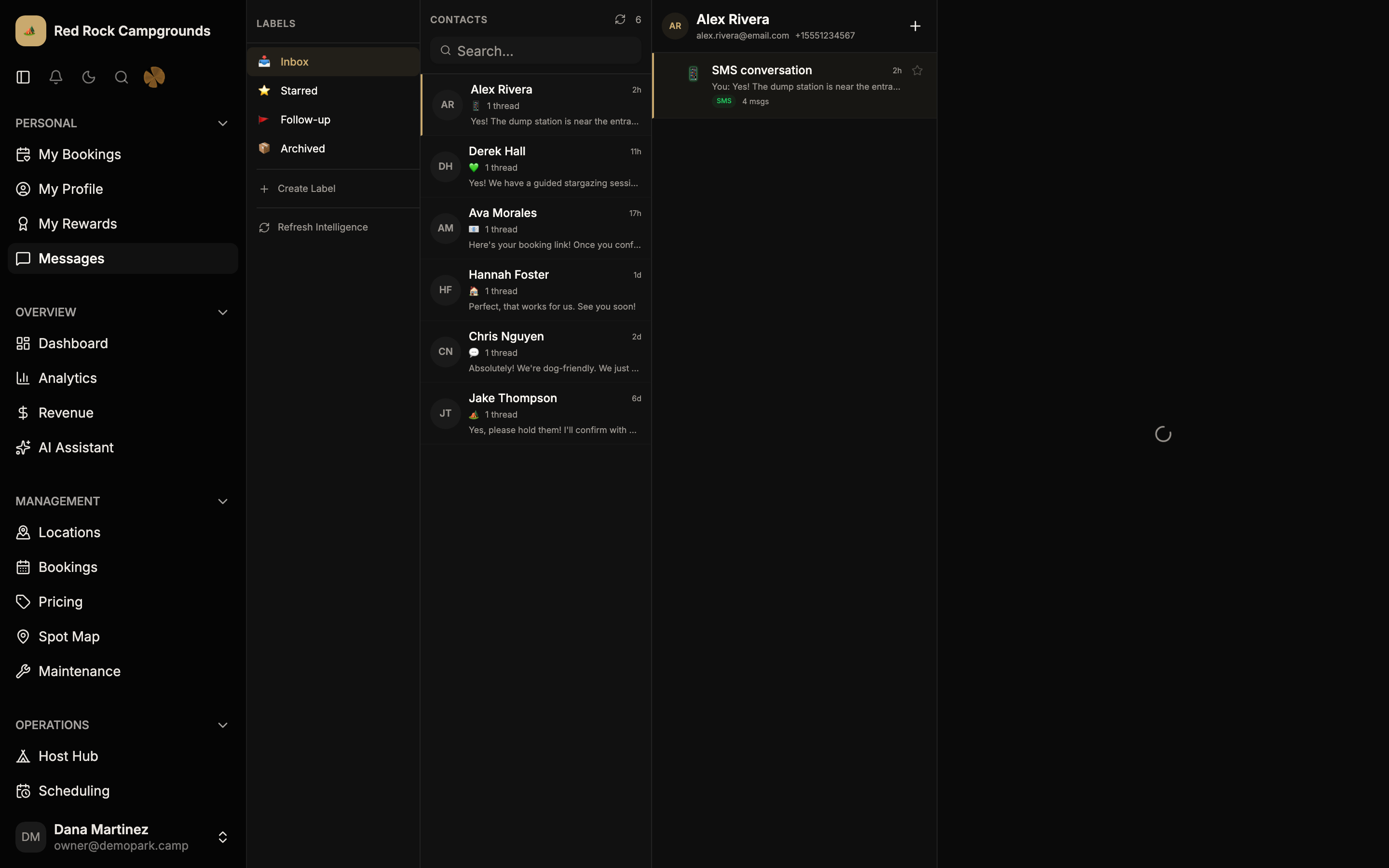 Campdesk guest management showing guest profiles, repeat visitors, and spending data